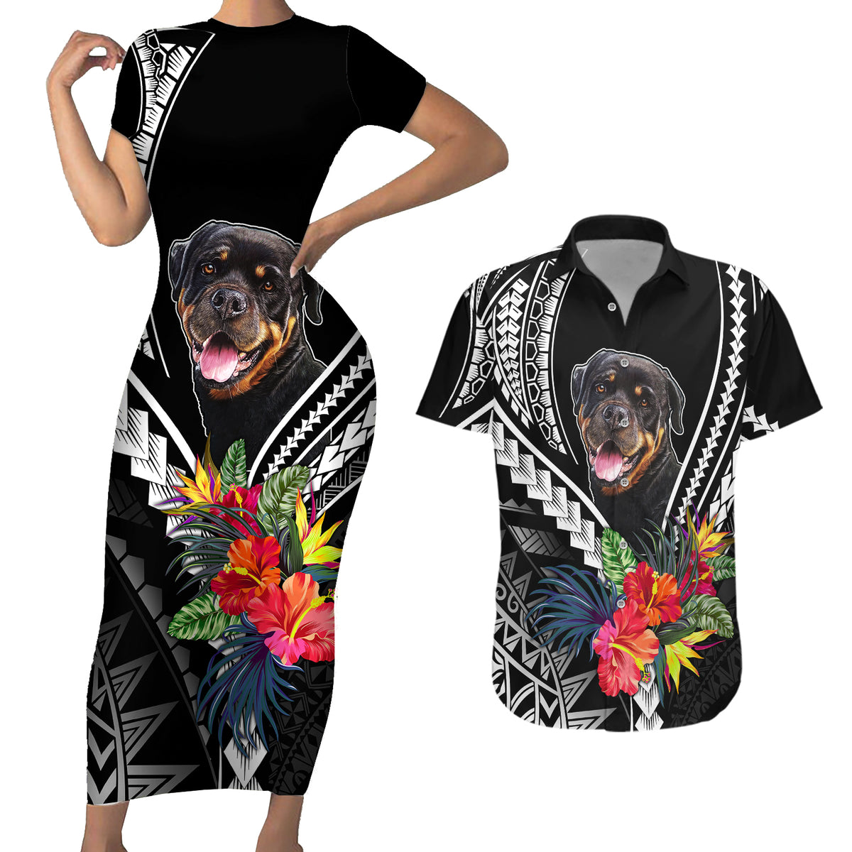 Personalised Polynesian Dog Couples Matching Short Sleeve Bodycon Dress and Hawaiian Shirt Rottweiler With Polynesia Pattern Curve Style LT7 - Wonder Print Shop
