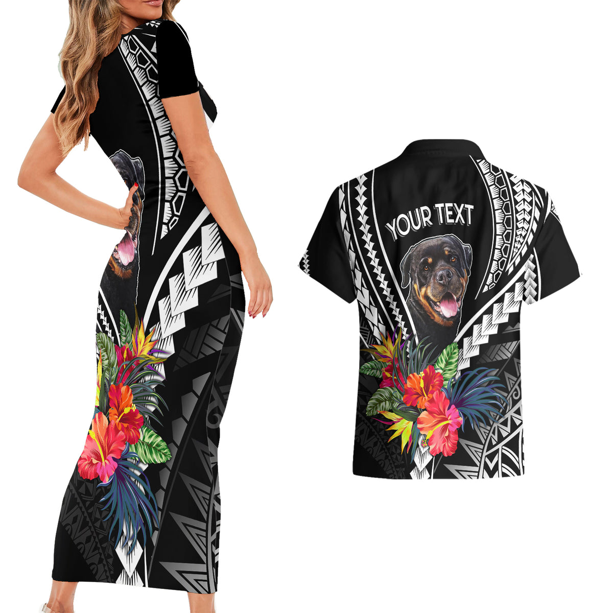 Personalised Polynesian Dog Couples Matching Short Sleeve Bodycon Dress and Hawaiian Shirt Rottweiler With Polynesia Pattern Curve Style LT7 - Wonder Print Shop