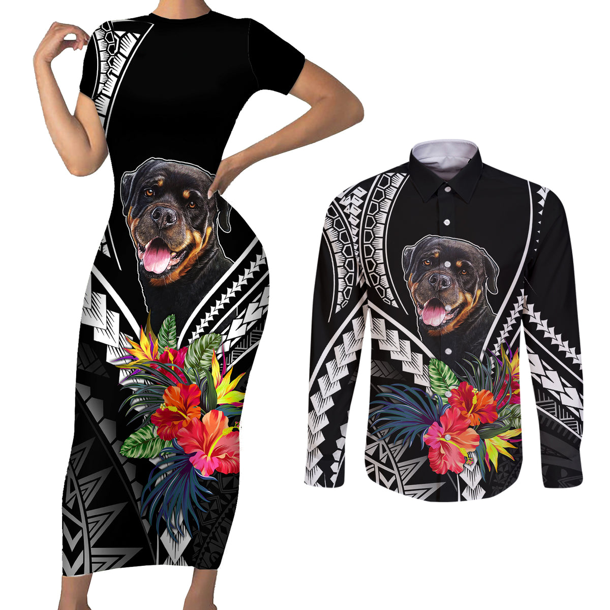 Personalised Polynesian Dog Couples Matching Short Sleeve Bodycon Dress and Long Sleeve Button Shirts Rottweiler With Polynesia Pattern Curve Style LT7 - Wonder Print Shop
