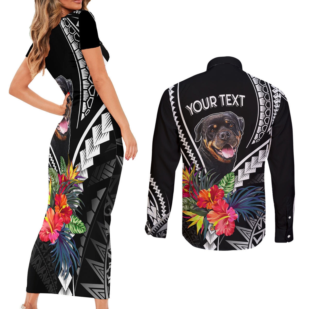 Personalised Polynesian Dog Couples Matching Short Sleeve Bodycon Dress and Long Sleeve Button Shirts Rottweiler With Polynesia Pattern Curve Style LT7 - Wonder Print Shop
