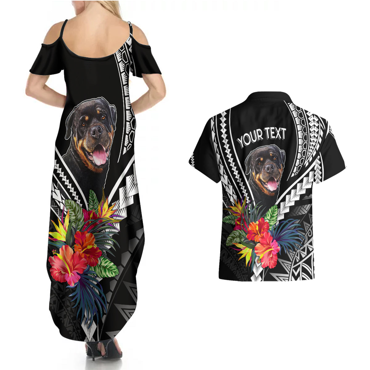 Personalised Polynesian Dog Couples Matching Summer Maxi Dress and Hawaiian Shirt Rottweiler With Polynesia Pattern Curve Style LT7 - Wonder Print Shop