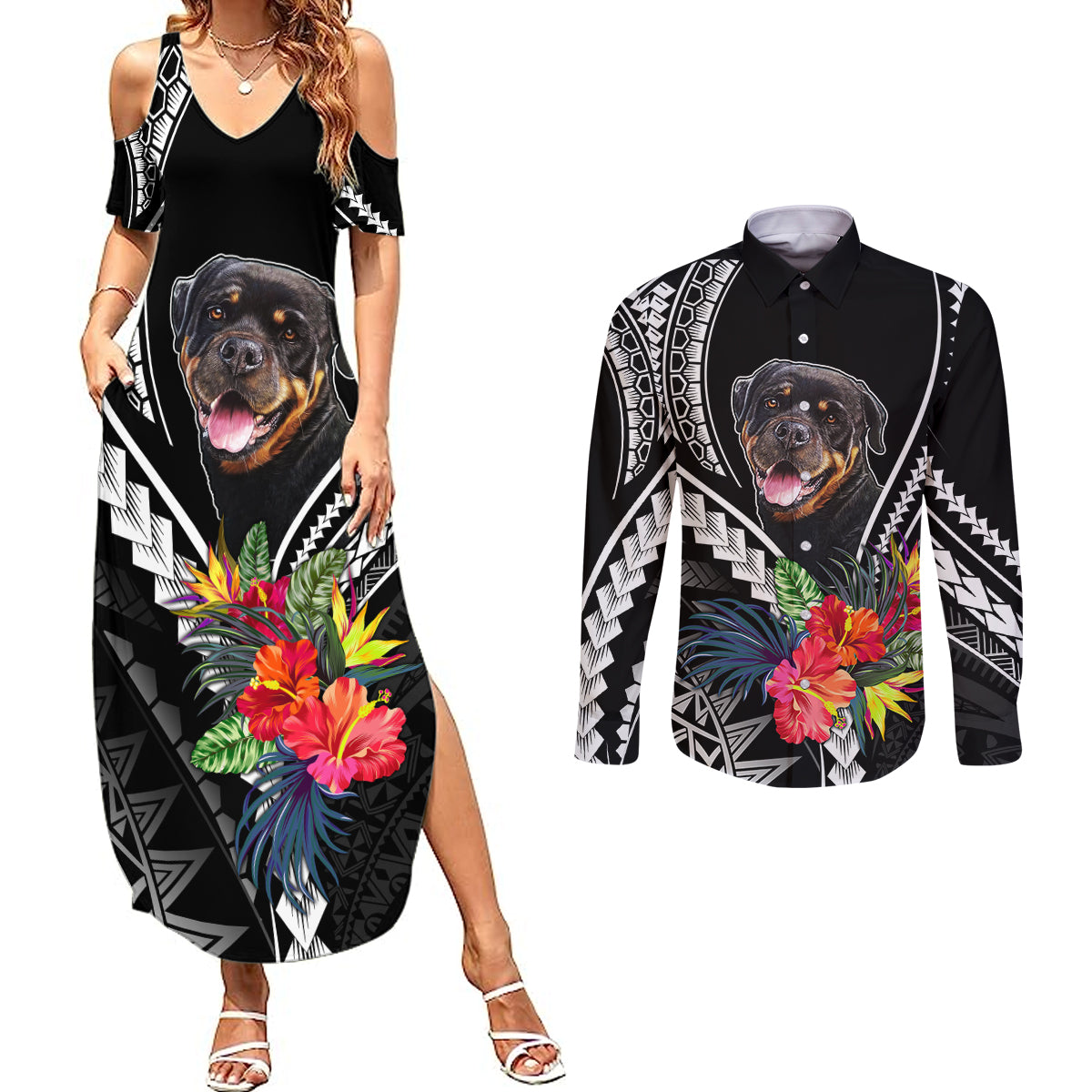 Personalised Polynesian Dog Couples Matching Summer Maxi Dress and Long Sleeve Button Shirts Rottweiler With Polynesia Pattern Curve Style LT7 - Wonder Print Shop