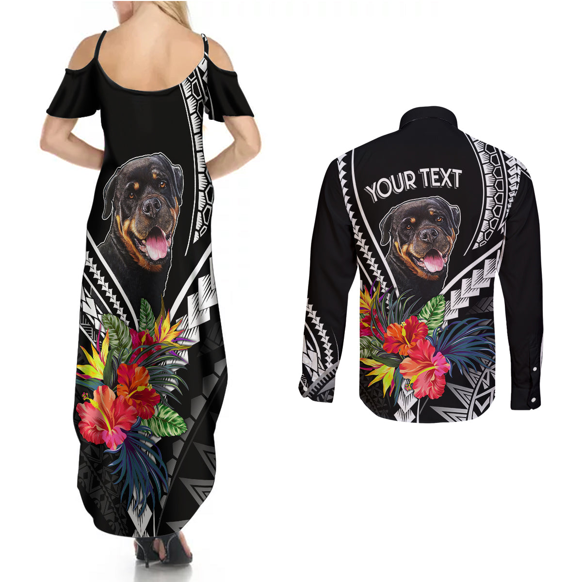 Personalised Polynesian Dog Couples Matching Summer Maxi Dress and Long Sleeve Button Shirts Rottweiler With Polynesia Pattern Curve Style LT7 - Wonder Print Shop