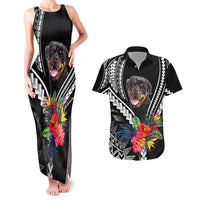 Black tank maxi dress and black Hawaiian shirt with Rottweiler print and tropical flowers