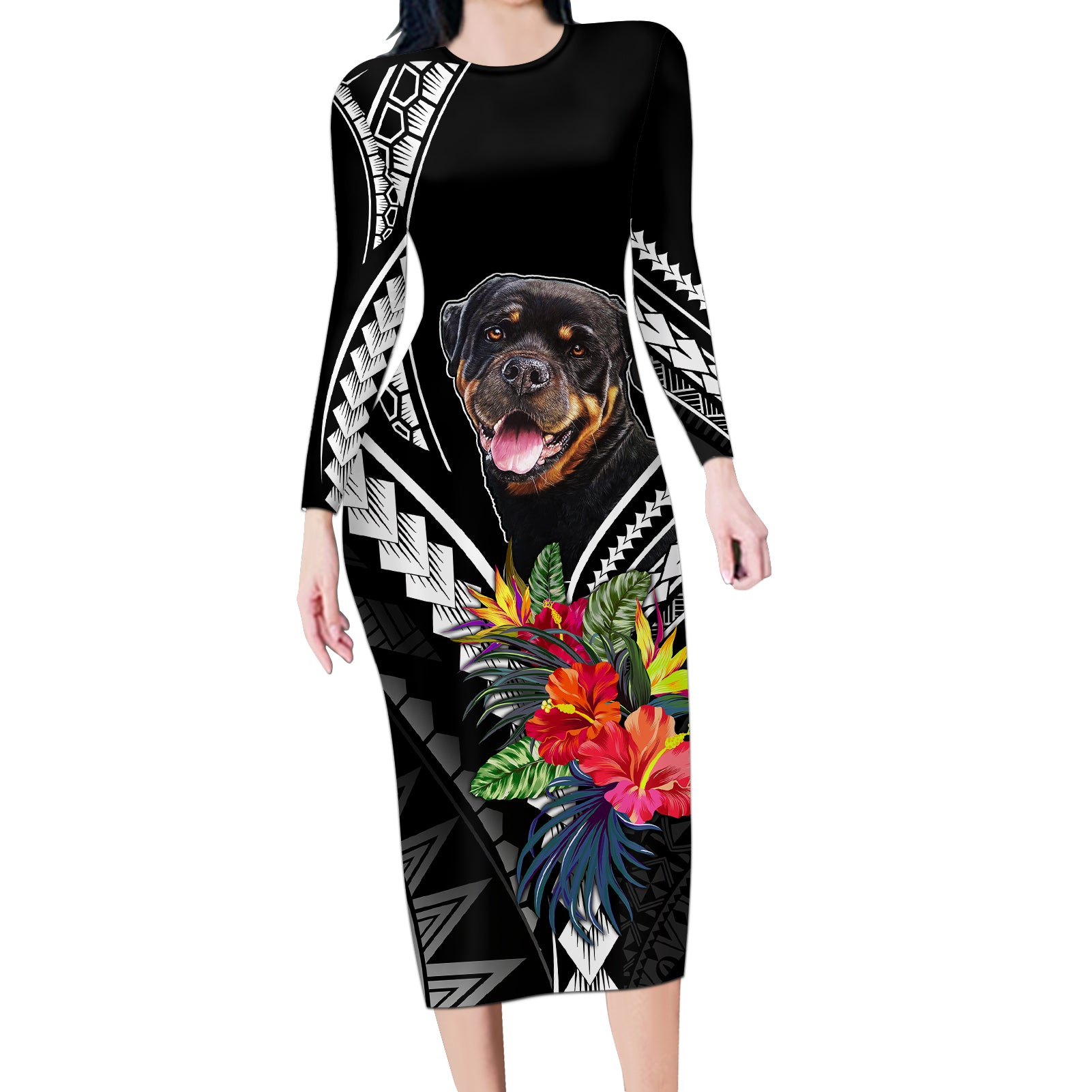 Personalised Polynesian Dog Long Sleeve Bodycon Dress Rottweiler With Polynesia Pattern Curve Style - Wonder Print Shop