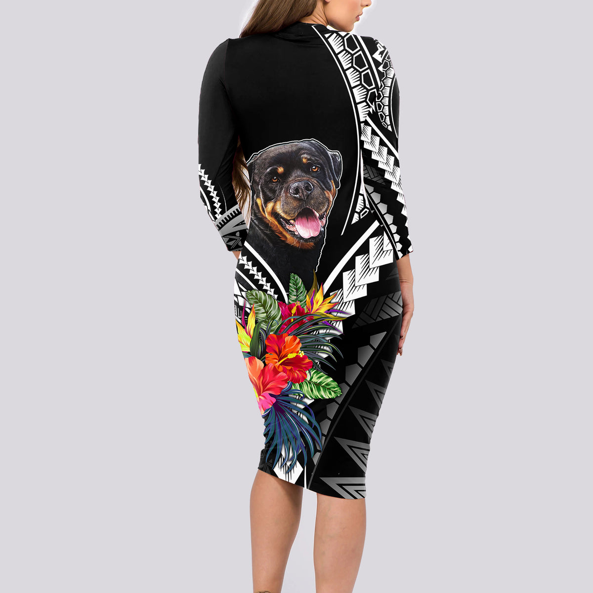 Personalised Polynesian Dog Long Sleeve Bodycon Dress Rottweiler With Polynesia Pattern Curve Style - Wonder Print Shop