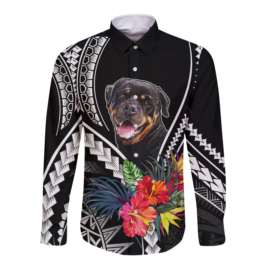 Personalised Polynesian Dog Long Sleeve Button Shirt Rottweiler With Polynesia Pattern Curve Style - Wonder Print Shop
