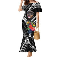 Black off-shoulder mermaid dress with Polynesian geometric pattern and Rottweiler graphic