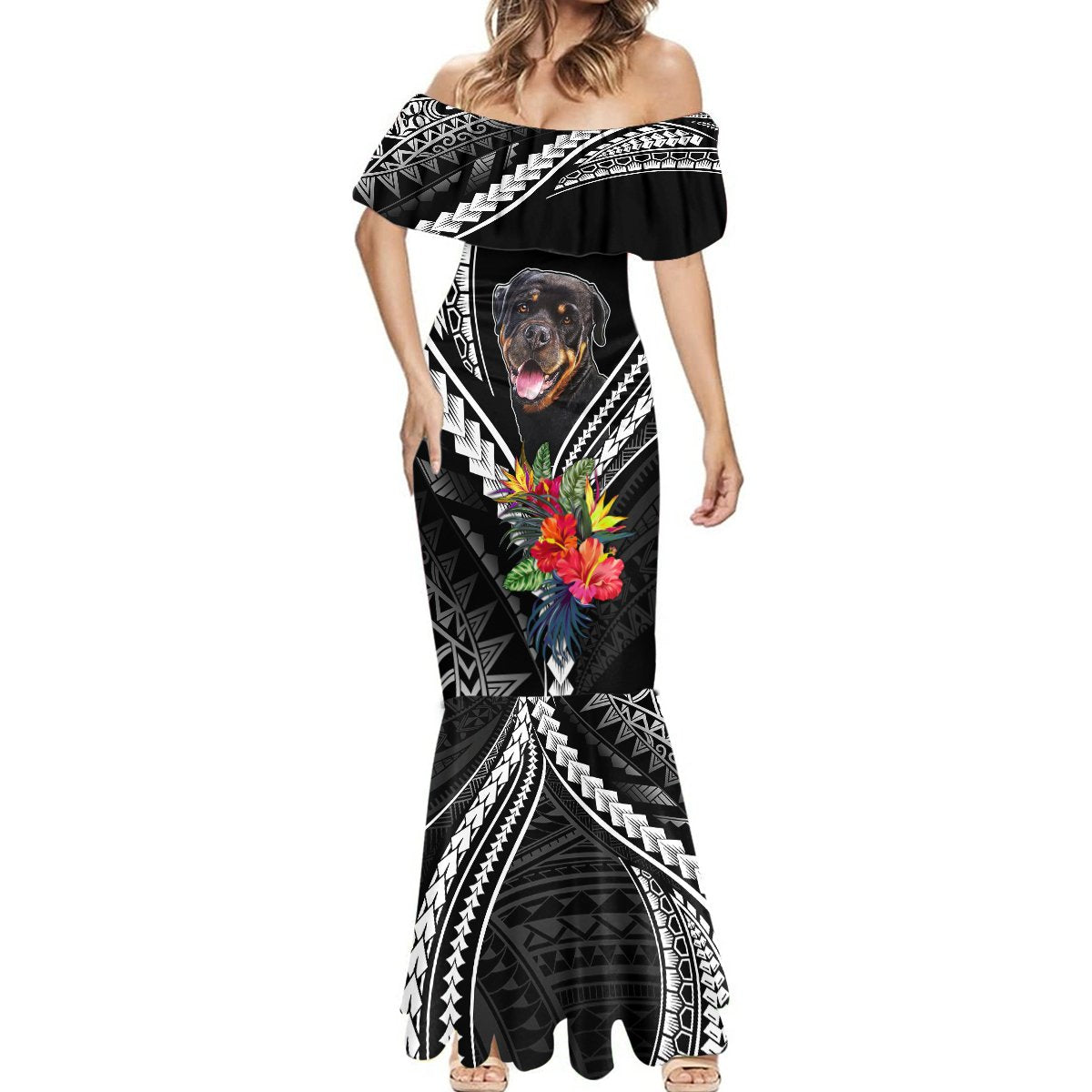 Black mermaid dress with off-shoulder ruffle, full-length Polynesian motif, and Rottweiler face