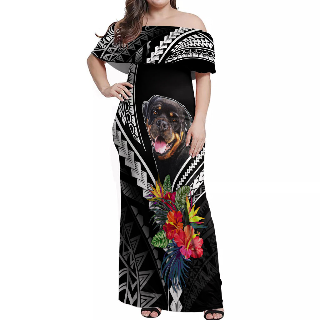 Personalised Polynesian Dog Off Shoulder Maxi Dress Rottweiler With Polynesia Pattern Curve Style - Wonder Print Shop