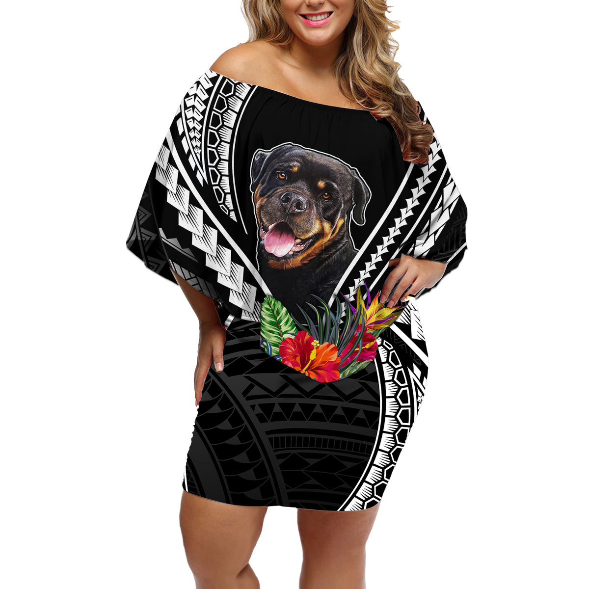 Personalised Polynesian Dog Off Shoulder Short Dress Rottweiler With Polynesia Pattern Curve Style - Wonder Print Shop