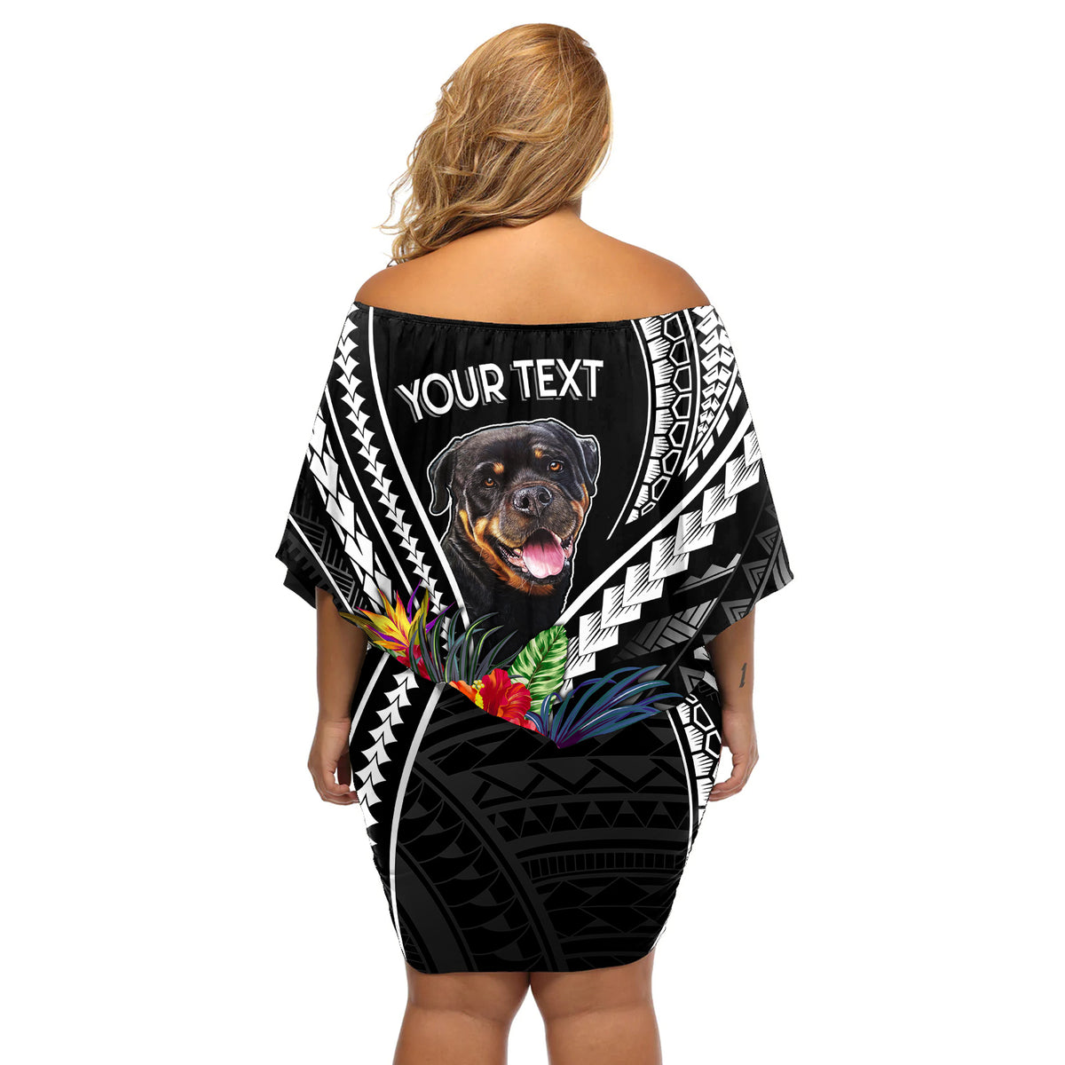 Black off-shoulder short dress, back view, Rottweiler graphic with YOUR TEXT