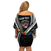 Black off-shoulder short dress, back view, Rottweiler graphic with YOUR TEXT