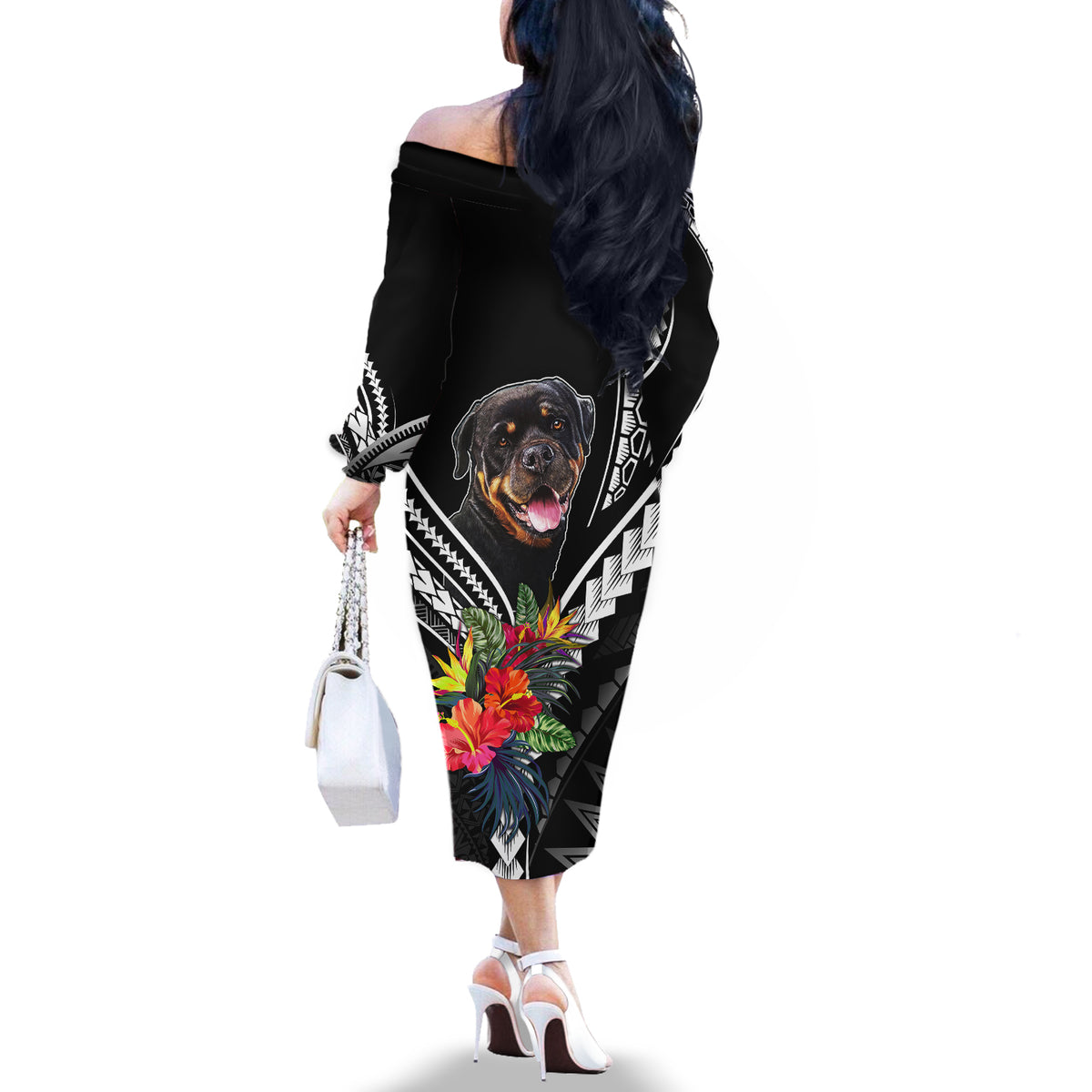 Women's black off-shoulder long sleeve dress with rottweiler and tropical floral Polynesian pattern