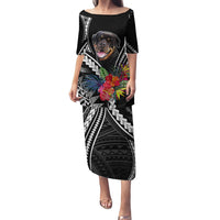 Black long dress with Rottweiler dog graphic and Polynesian tribal pattern, floral accents