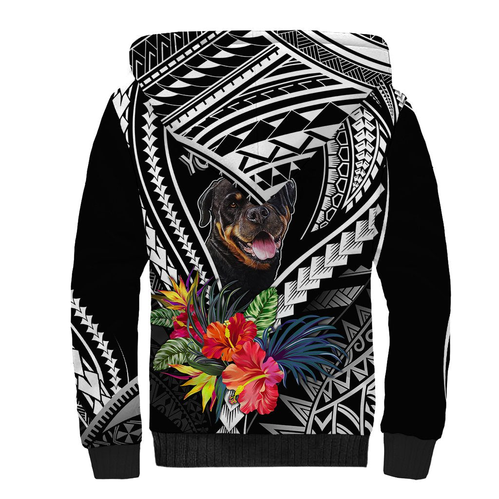 Black sherpa dog hoodie with Polynesian geometric print and Rottweiler face