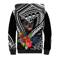 Black sherpa dog hoodie with Polynesian geometric print and Rottweiler face