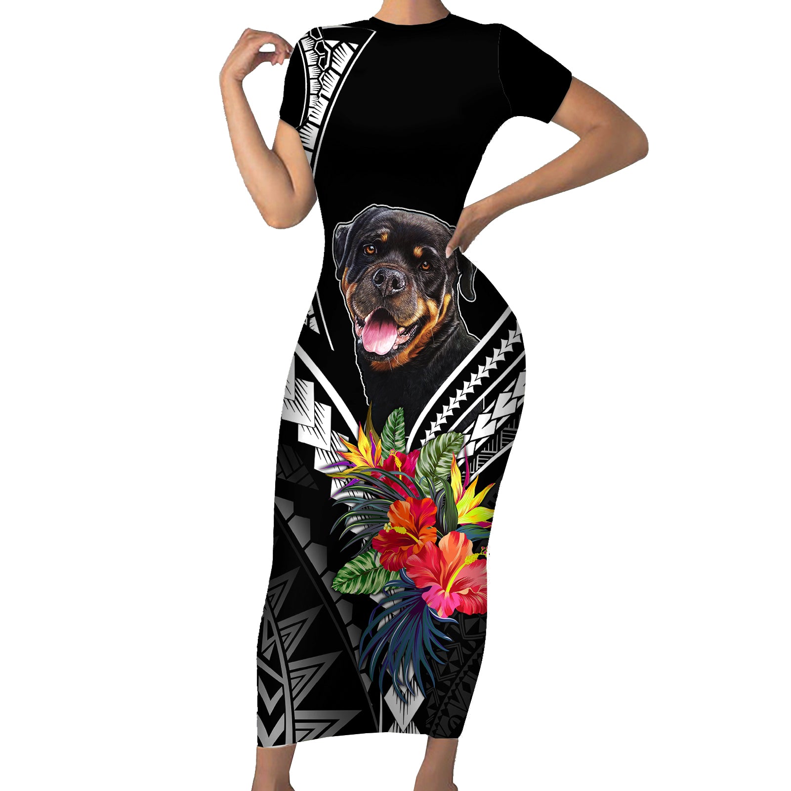 Personalised Polynesian Dog Short Sleeve Bodycon Dress Rottweiler With Polynesia Pattern Curve Style - Wonder Print Shop