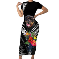 Black short-sleeve bodycon maxi dress with rottweiler face, Polynesian pattern, florals