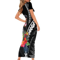 Black short-sleeve bodycon maxi dress with rottweiler face and Polynesian geometric pattern