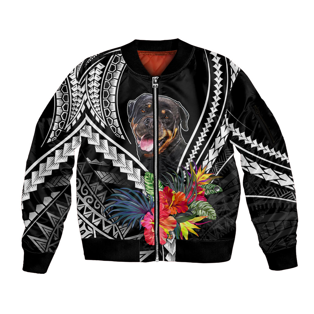 Personalised Polynesian Dog Sleeve Zip Bomber Jacket Rottweiler With Polynesia Pattern Curve Style - Wonder Print Shop
