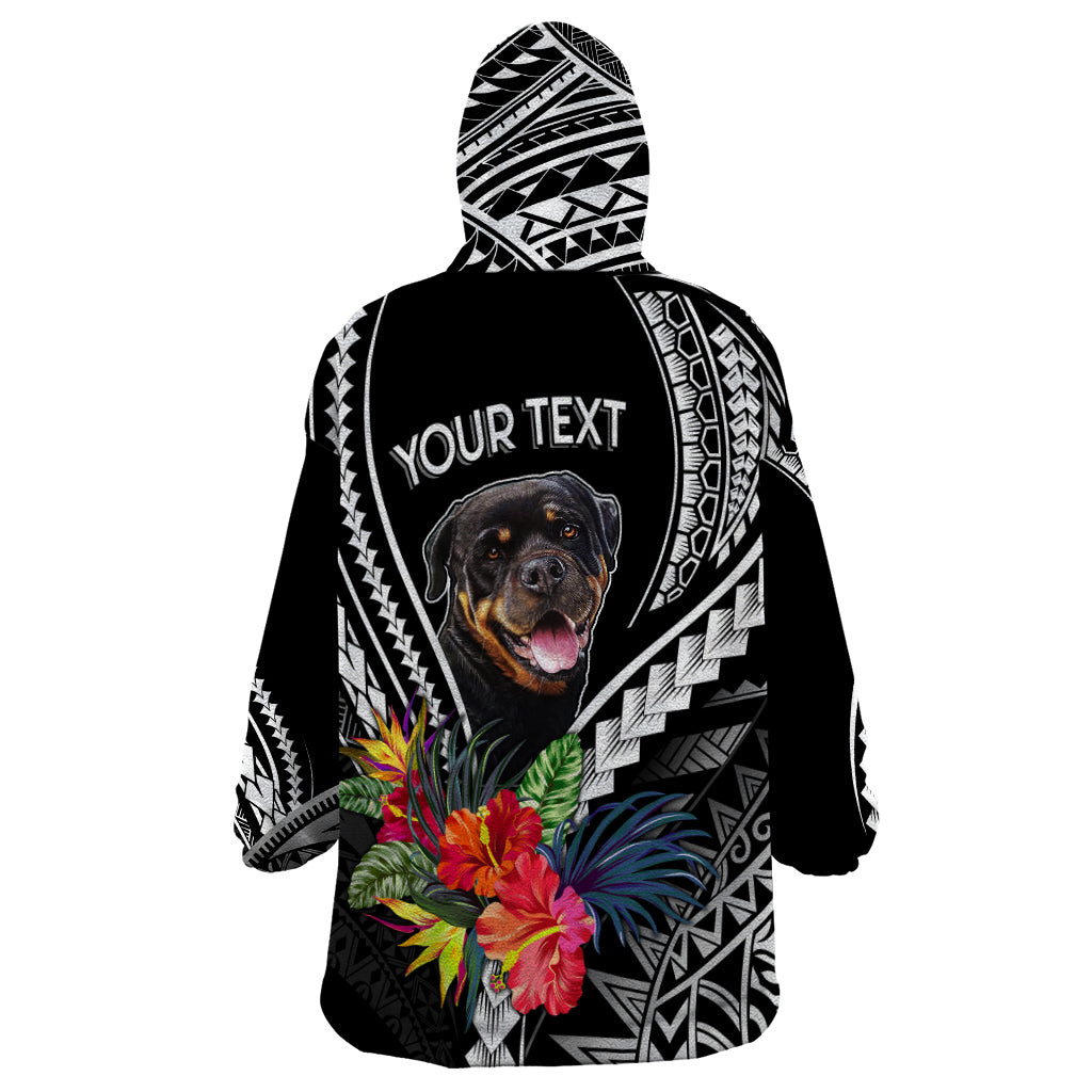 Black dog wearable hoodie with Polynesian pattern, Rottweiler face, YOURTEXT on front
