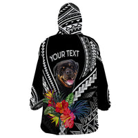 Black dog wearable hoodie with Polynesian pattern, Rottweiler face, YOURTEXT on front