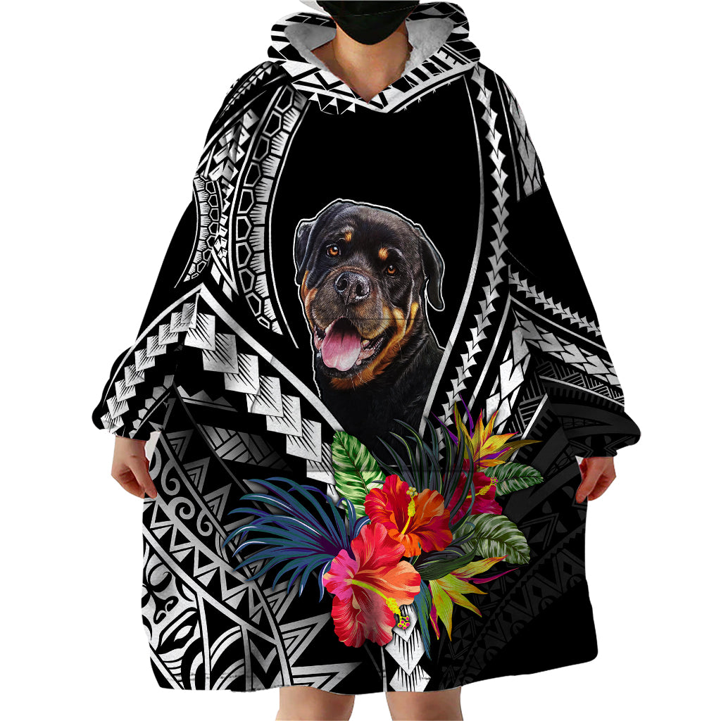 Black dog wearable blanket hoodie with large hood, Polynesian pattern, Rottweiler face, flowers