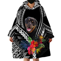 Black dog wearable blanket hoodie with large hood, Polynesian pattern, Rottweiler face, flowers