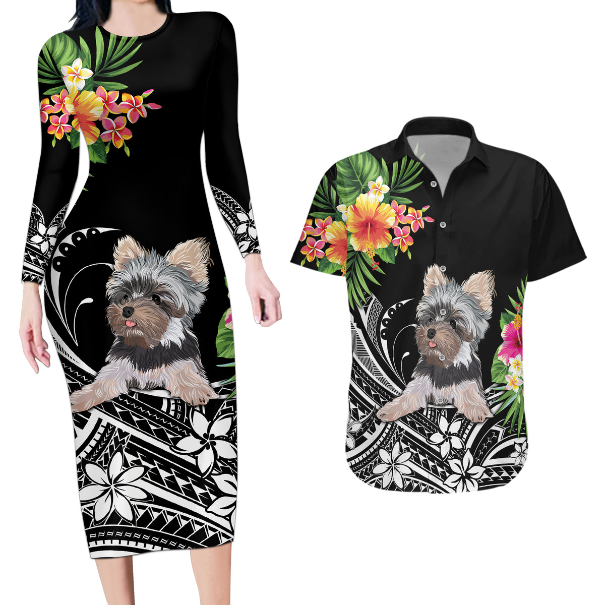 Personalised Polynesian Couples Matching Long Sleeve Bodycon Dress and Hawaiian Shirt With Yorkshire Terrier Floral Style LT7 - Wonder Print Shop