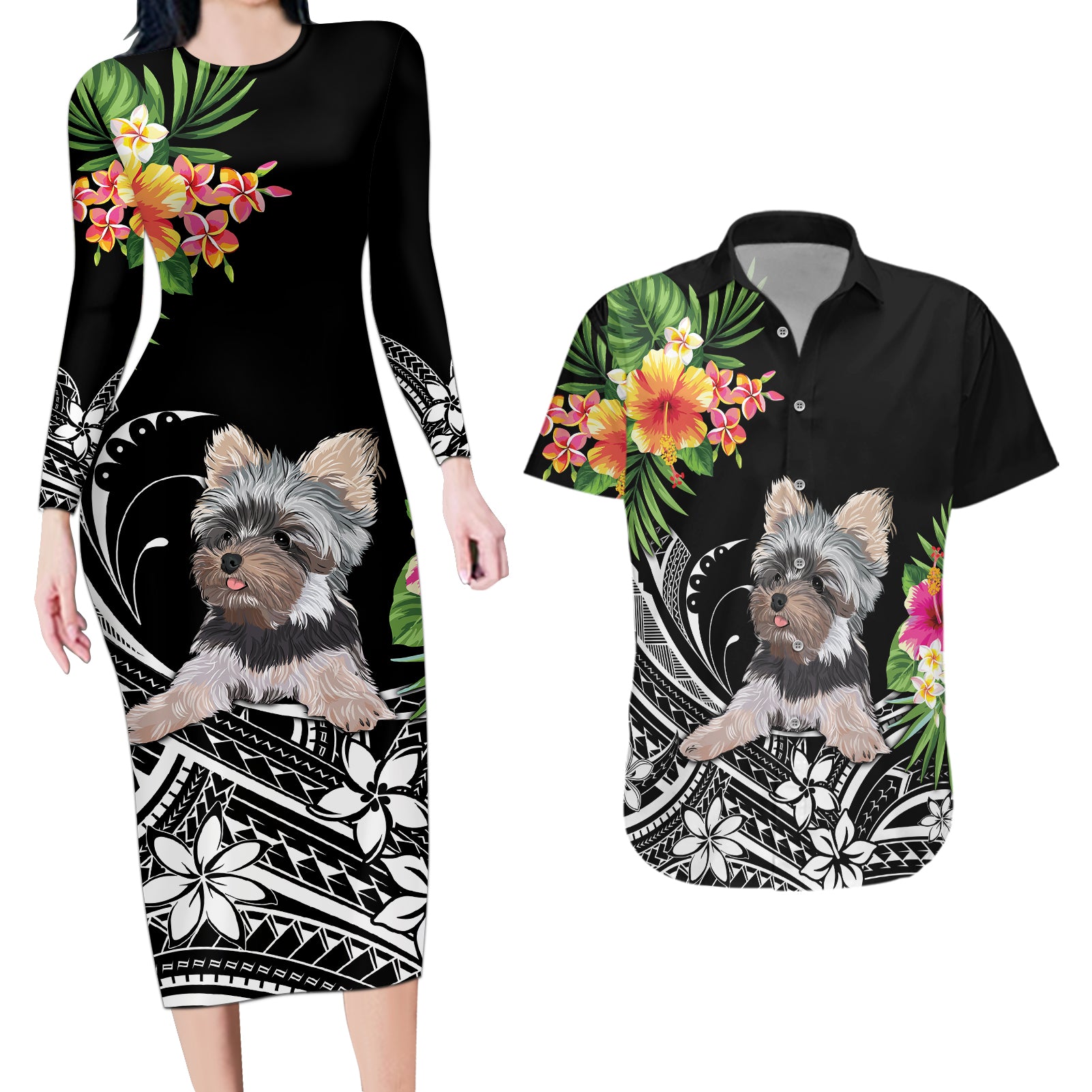 Personalised Polynesian Couples Matching Long Sleeve Bodycon Dress and Hawaiian Shirt With Yorkshire Terrier Floral Style LT7 - Wonder Print Shop