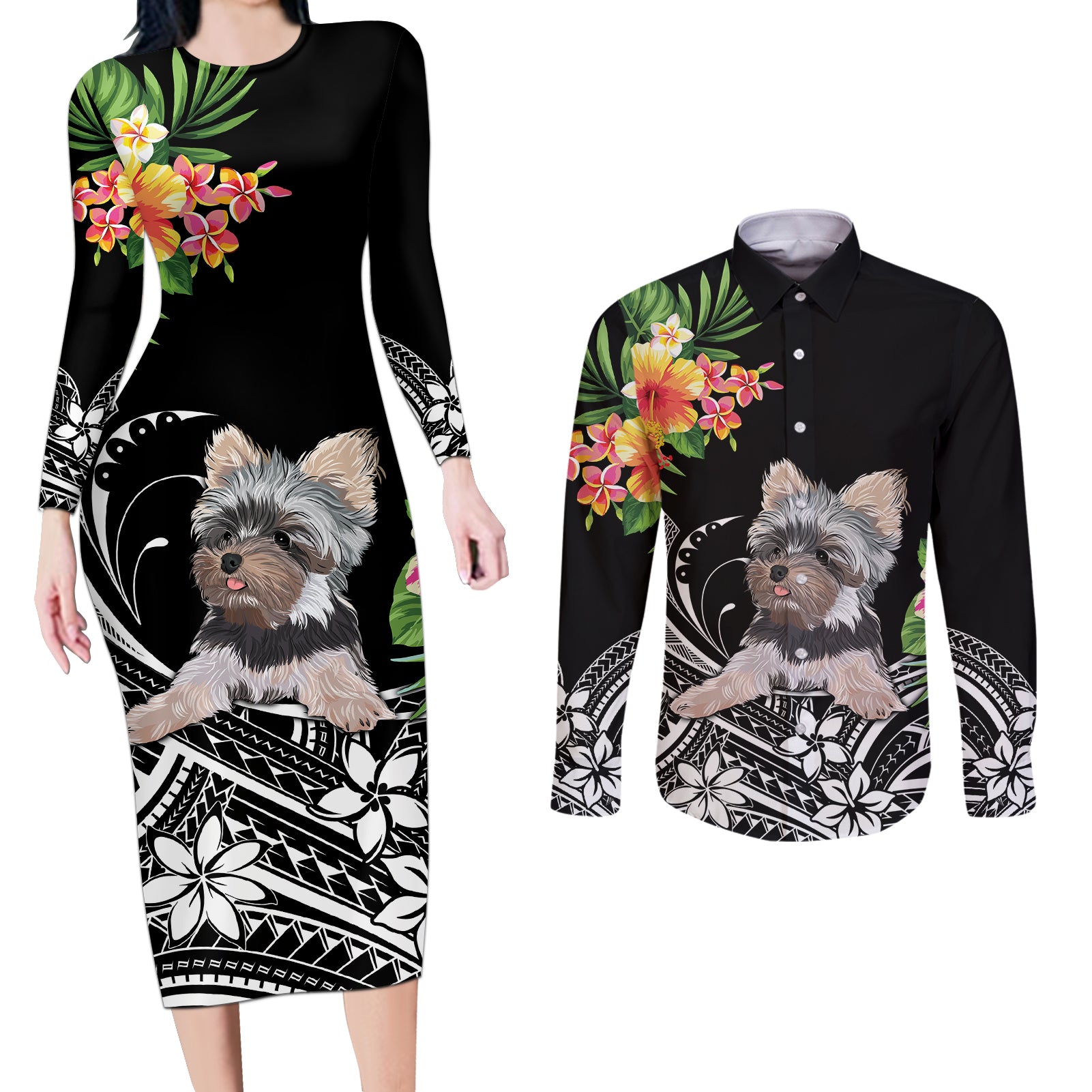 Personalised Polynesian Couples Matching Long Sleeve Bodycon Dress and Long Sleeve Button Shirts With Yorkshire Terrier Floral Style LT7 - Wonder Print Shop