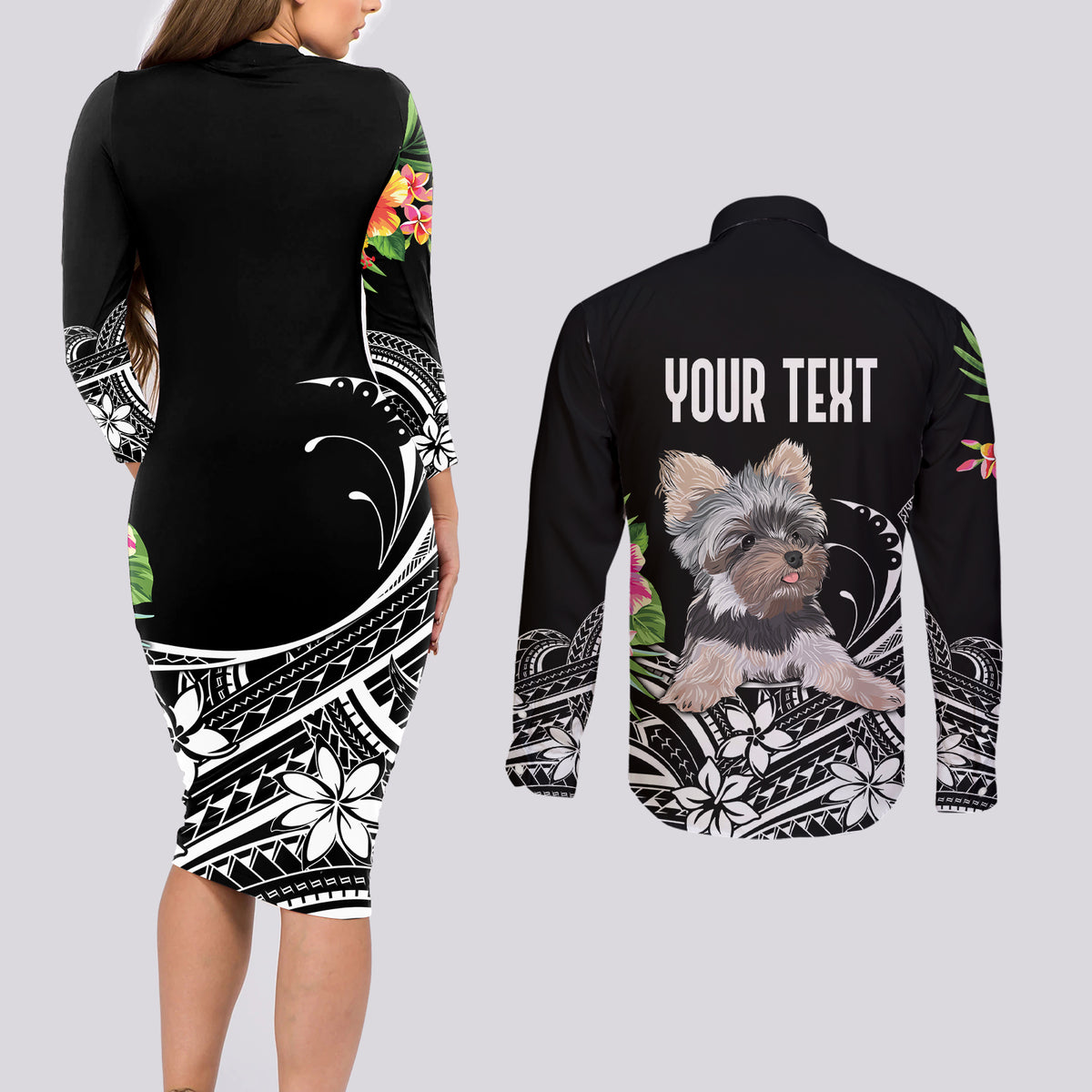 Personalised Polynesian Couples Matching Long Sleeve Bodycon Dress and Long Sleeve Button Shirts With Yorkshire Terrier Floral Style LT7 - Wonder Print Shop