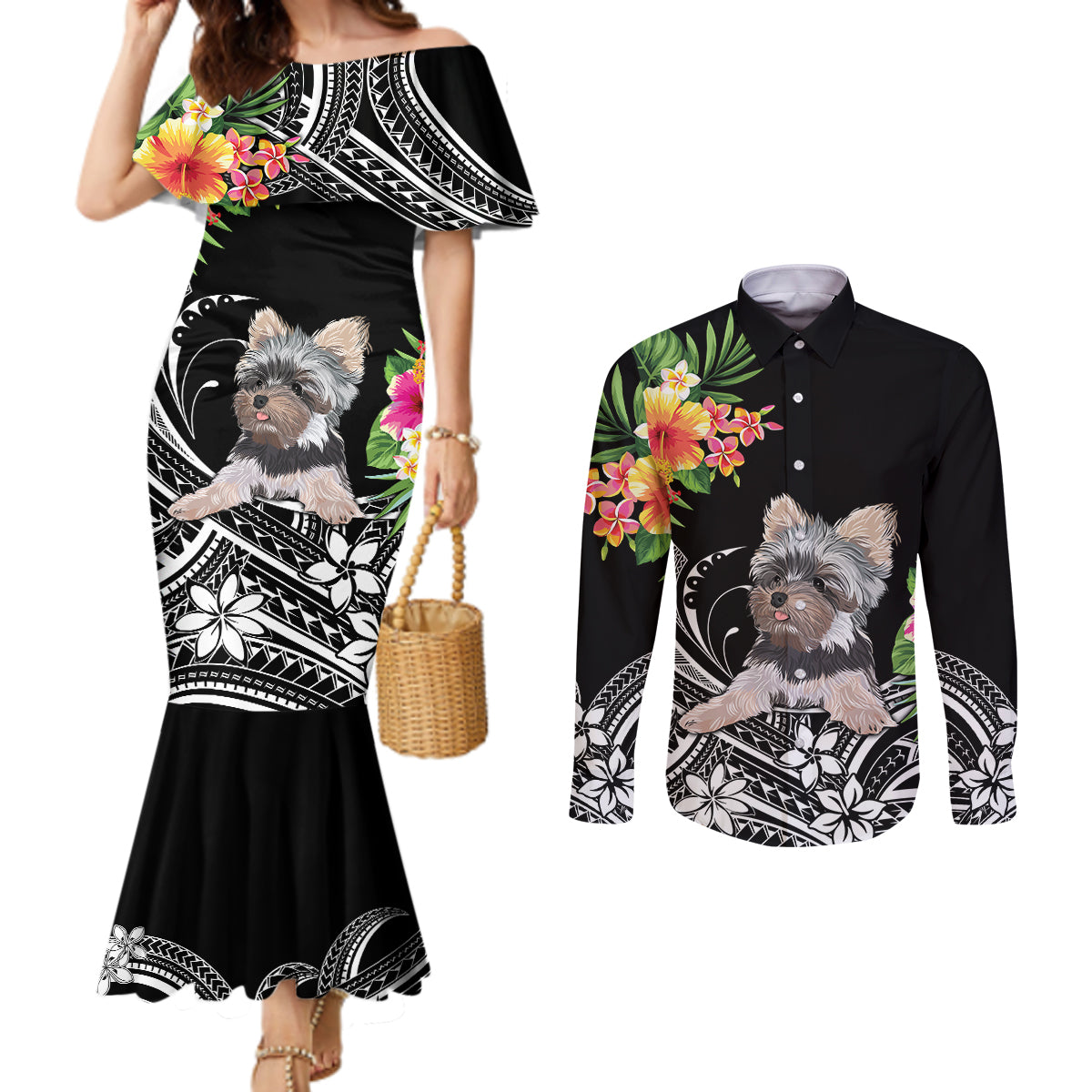 personalised-polynesian-couples-matching-mermaid-dress-and-long-sleeve-button-shirts-with-yorkshire-terrier-floral-style