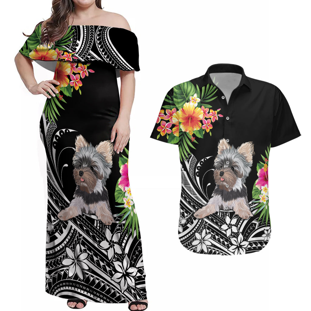 Personalised Polynesian Couples Matching Off Shoulder Maxi Dress and Hawaiian Shirt With Yorkshire Terrier Floral Style LT7 - Wonder Print Shop