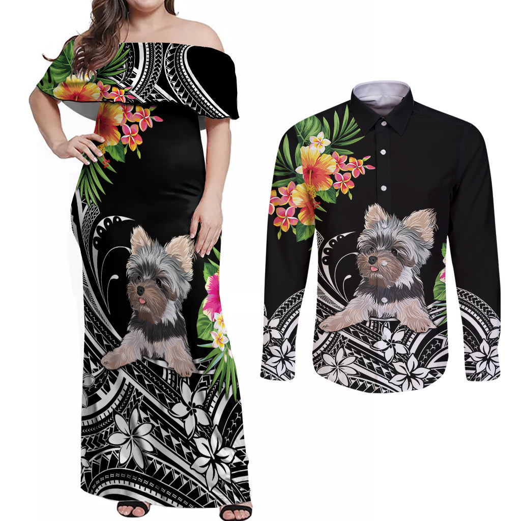 Personalised Polynesian Couples Matching Off Shoulder Maxi Dress and Long Sleeve Button Shirts With Yorkshire Terrier Floral Style LT7 - Wonder Print Shop