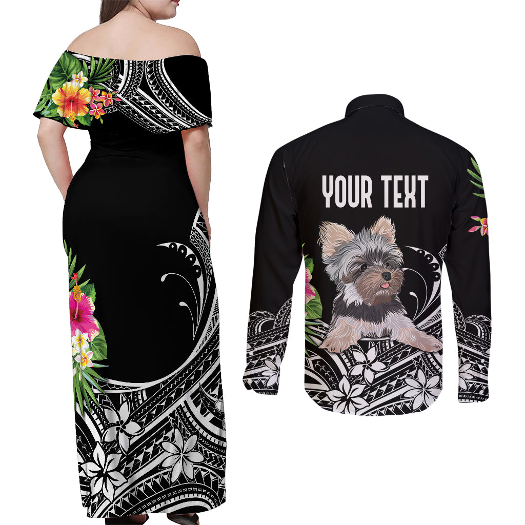 Personalised Polynesian Couples Matching Off Shoulder Maxi Dress and Long Sleeve Button Shirts With Yorkshire Terrier Floral Style LT7 - Wonder Print Shop