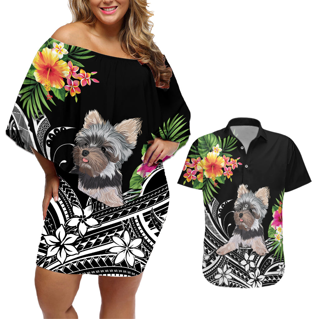 Personalised Polynesian Couples Matching Off Shoulder Short Dress and Hawaiian Shirt With Yorkshire Terrier Floral Style LT7 - Wonder Print Shop