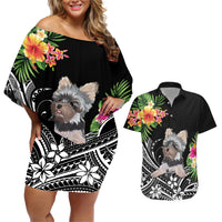 Personalised Polynesian Couples Matching Off Shoulder Short Dress and Hawaiian Shirt With Yorkshire Terrier Floral Style LT7 - Wonder Print Shop