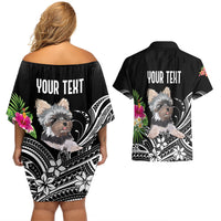 Personalised Polynesian Couples Matching Off Shoulder Short Dress and Hawaiian Shirt With Yorkshire Terrier Floral Style LT7 - Wonder Print Shop
