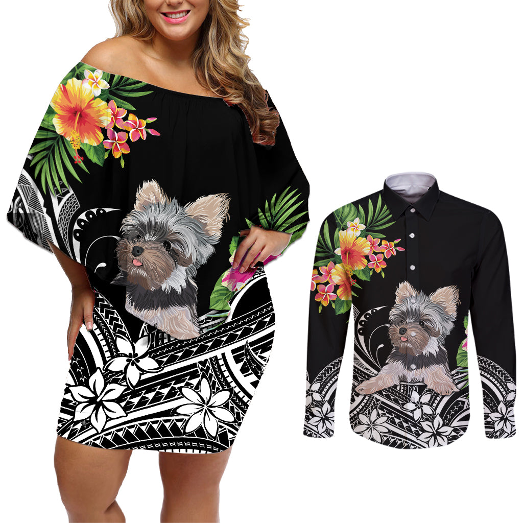 Personalised Polynesian Couples Matching Off Shoulder Short Dress and Long Sleeve Button Shirts With Yorkshire Terrier Floral Style LT7 - Wonder Print Shop