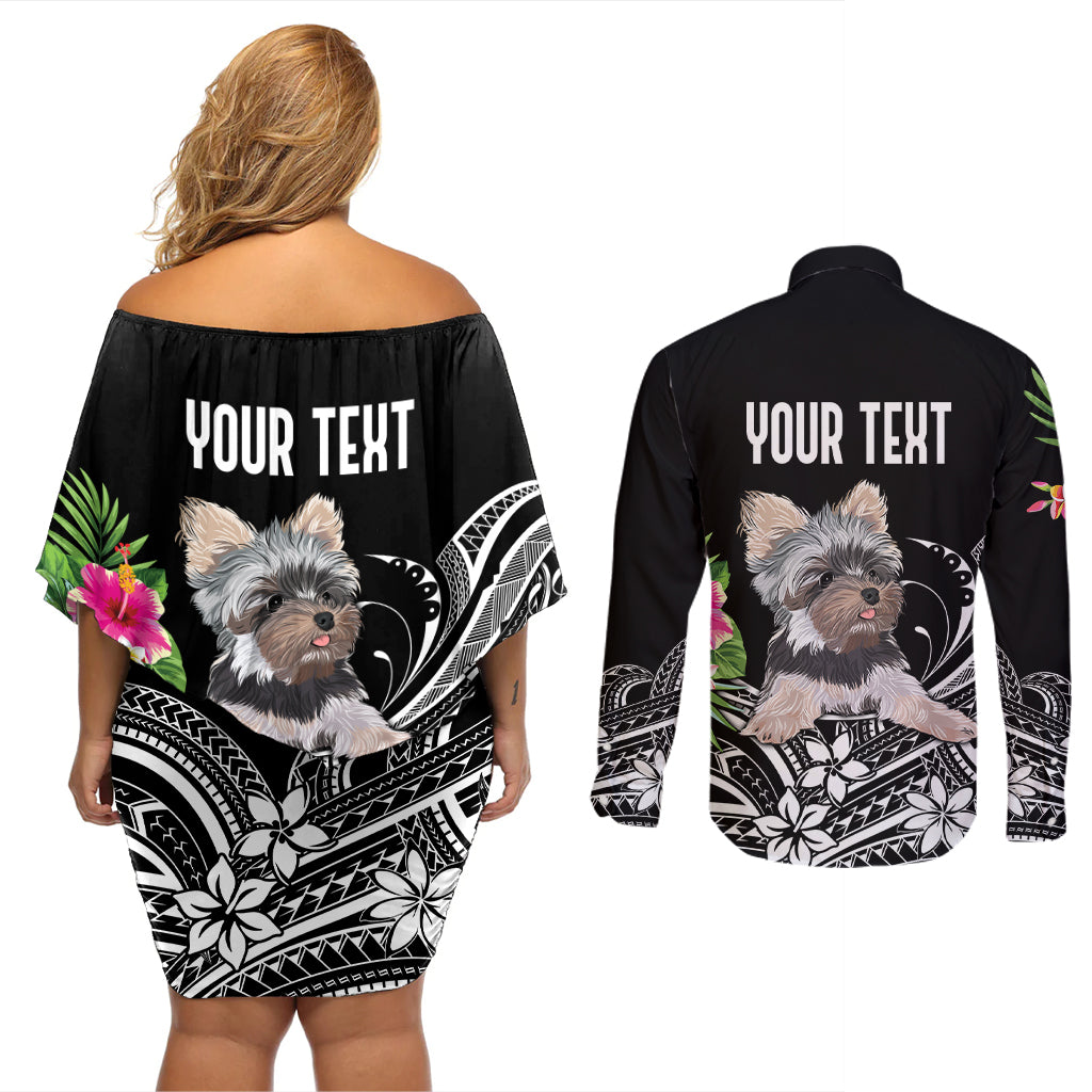 Personalised Polynesian Couples Matching Off Shoulder Short Dress and Long Sleeve Button Shirts With Yorkshire Terrier Floral Style LT7 - Wonder Print Shop