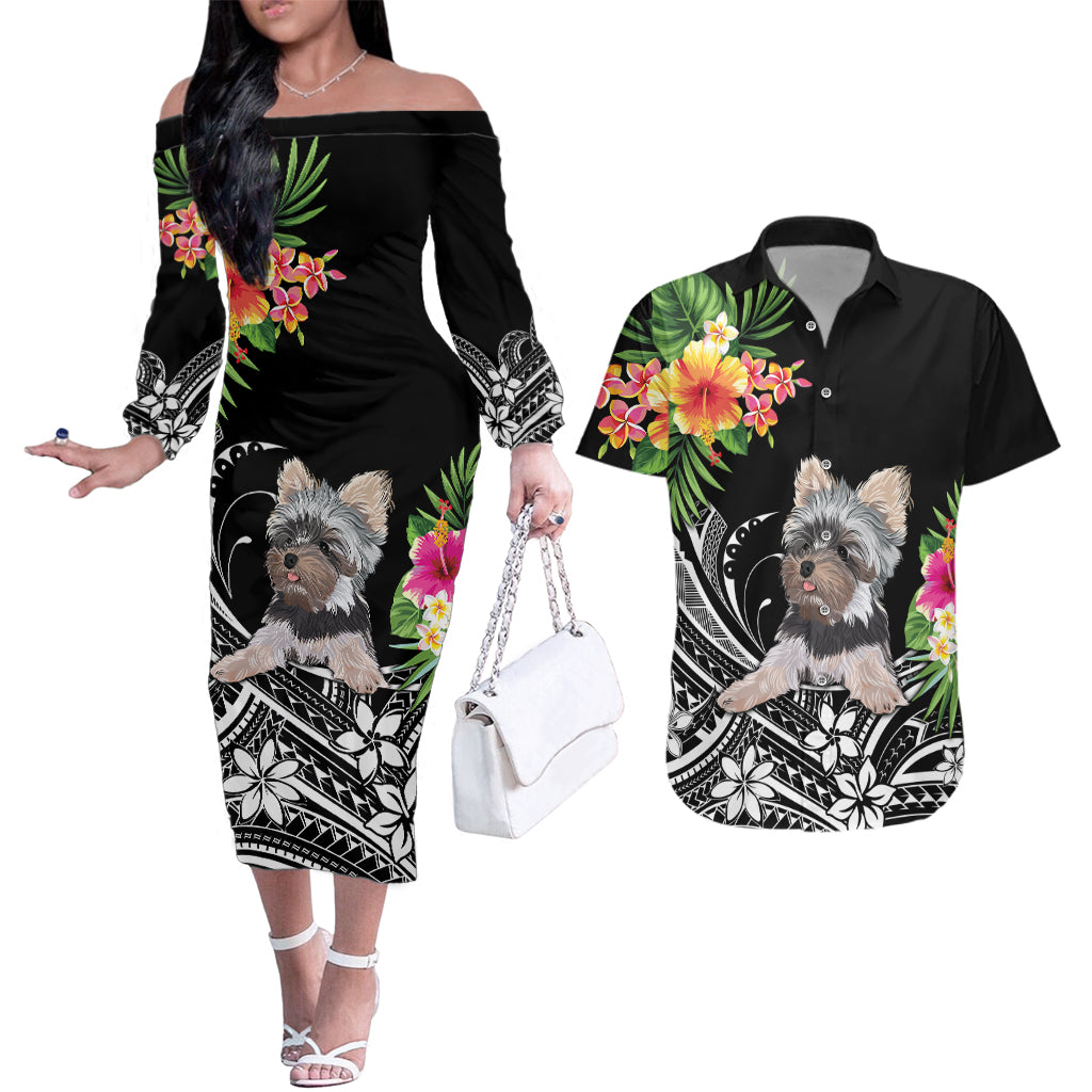 Personalised Polynesian Couples Matching Off The Shoulder Long Sleeve Dress and Hawaiian Shirt With Yorkshire Terrier Floral Style LT7 - Wonder Print Shop