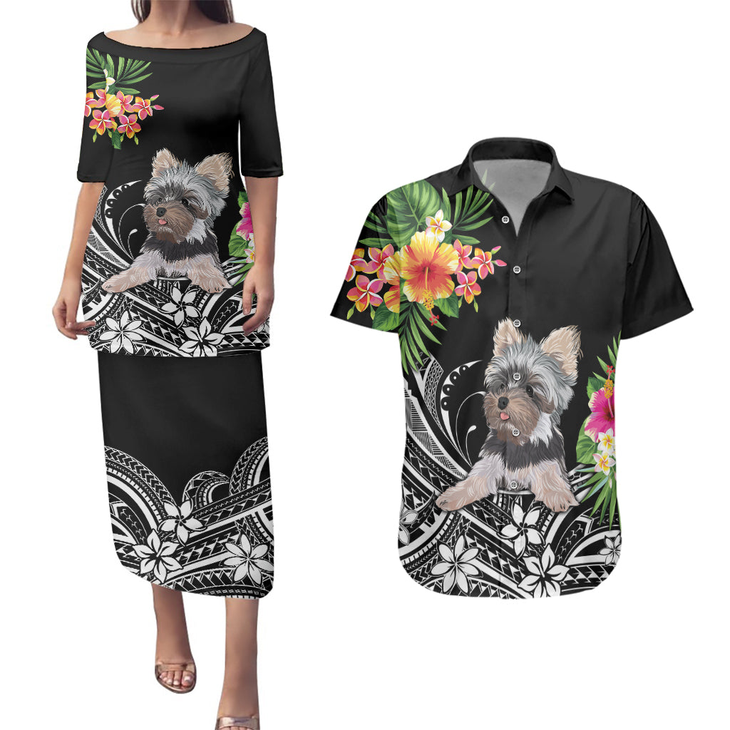 Personalised Polynesian Couples Matching Puletasi Dress and Hawaiian Shirt With Yorkshire Terrier Floral Style LT7 - Wonder Print Shop