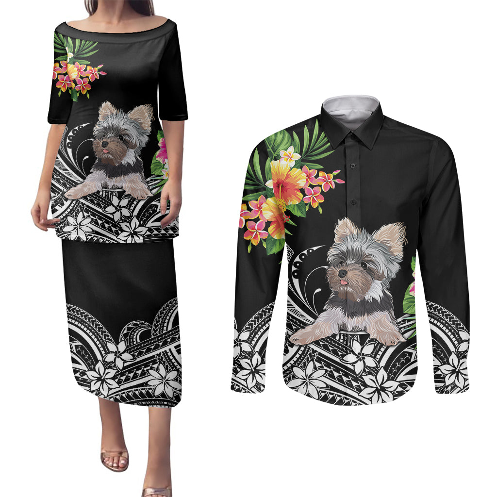 Personalised Polynesian Couples Matching Puletasi Dress and Long Sleeve Button Shirts With Yorkshire Terrier Floral Style LT7 - Wonder Print Shop