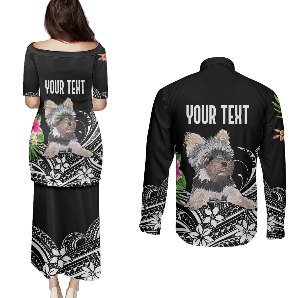 Personalised Polynesian Couples Matching Puletasi Dress and Long Sleeve Button Shirts With Yorkshire Terrier Floral Style LT7 - Wonder Print Shop