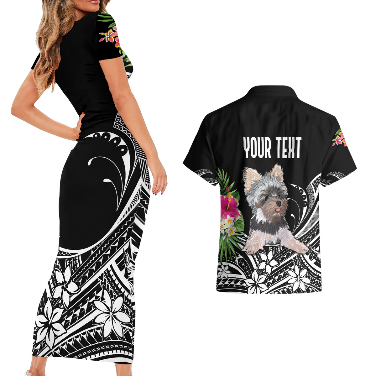 Personalised Polynesian Couples Matching Short Sleeve Bodycon Dress and Hawaiian Shirt With Yorkshire Terrier Floral Style LT7 - Wonder Print Shop