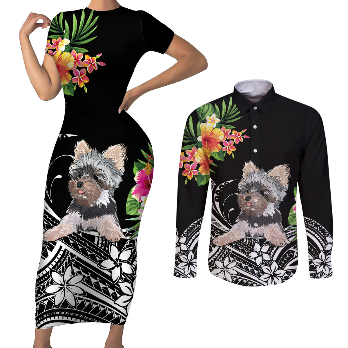 Personalised Polynesian Couples Matching Short Sleeve Bodycon Dress and Long Sleeve Button Shirts With Yorkshire Terrier Floral Style LT7 - Wonder Print Shop
