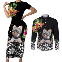 Personalised Polynesian Couples Matching Short Sleeve Bodycon Dress and Long Sleeve Button Shirts With Yorkshire Terrier Floral Style LT7 - Wonder Print Shop