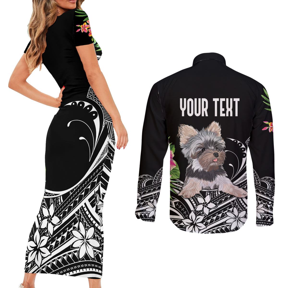 Personalised Polynesian Couples Matching Short Sleeve Bodycon Dress and Long Sleeve Button Shirts With Yorkshire Terrier Floral Style LT7 - Wonder Print Shop